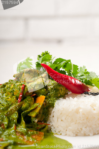 Image of chicken with green curry vegetables and rice