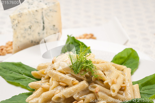 Image of Italian pasta penne gorgonzola and pine nuts