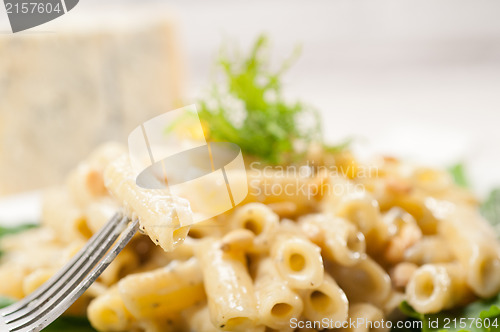 Image of Italian pasta penne gorgonzola and pine nuts