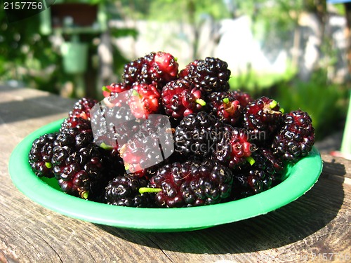 Image of ripe dark berries of a mulberry on a plate