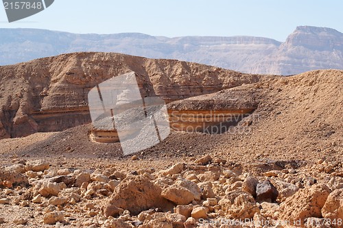 Image of Scenic striped rocks in the Small Crater (Makhtesh Katan) in Negev desert, Israel