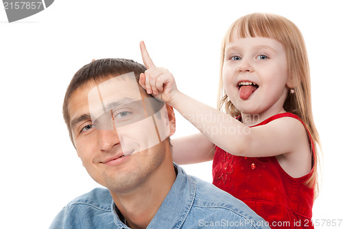 Image of Little funny girl plays with her dad. Isolate on white.