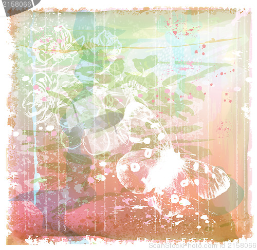 Image of grunge background with butterfly and flowers