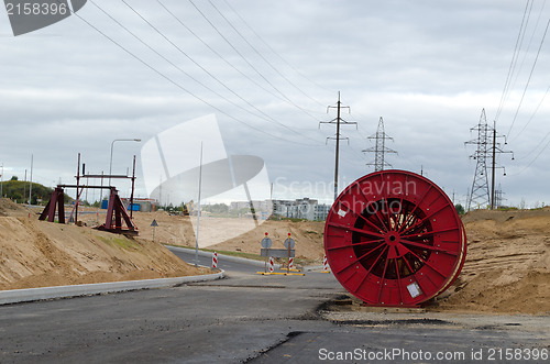 Image of high voltage cable reels road construction 