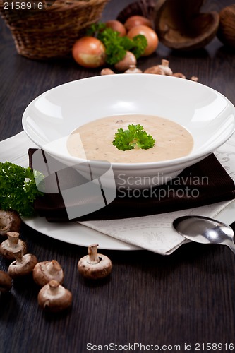 Image of fresh chmapignon cream soup with parsley