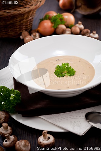 Image of fresh chmapignon cream soup with parsley