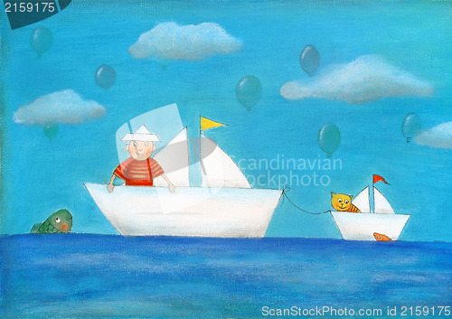 Image of Young boy sailing, child's drawing, oil painting on canvas