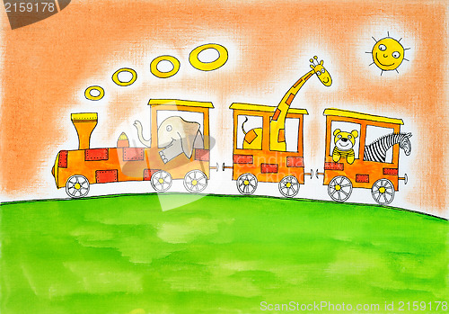 Image of Animals on trip, child's drawing, watercolor painting on paper