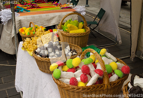 Image of mushroom corn pear shape sweet basket market fair 