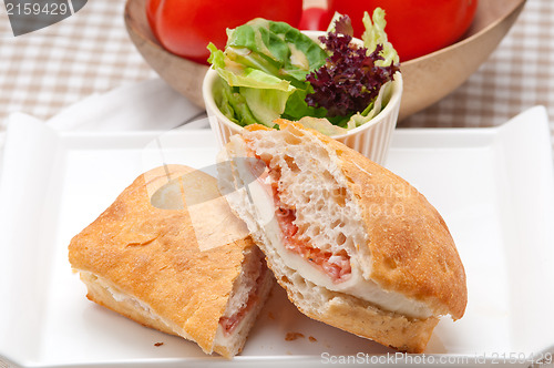 Image of ciabatta panini sandwich with parma ham and tomato