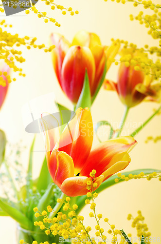 Image of Spring bouquet with a mimosa and tulips