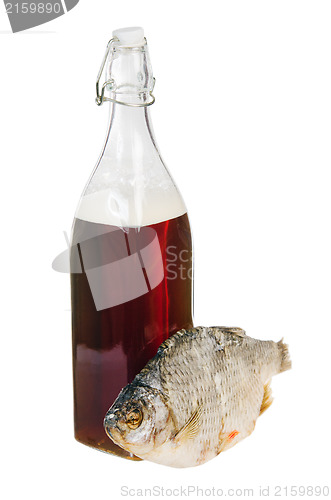 Image of A bottle of domestic beer and dried fish is isolated on white 