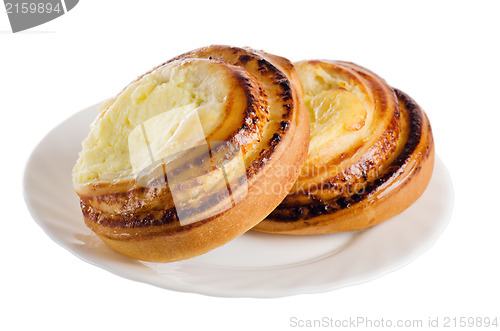 Image of fresh bake roll with a cottage cheese on plate 