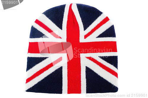 Image of knitted wool Cap English flag, close-up