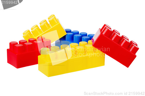 Image of Multi-coloured Plastic building blocks, it is isolated on white