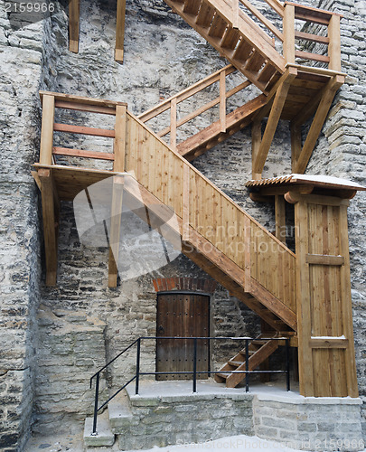 Image of Wooden stairs the leader on a medieval city wall in Tallinn