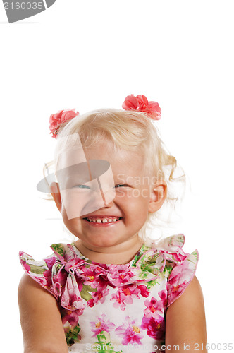 Image of Portrait of a smiling little blond girls , it is isolated on whi