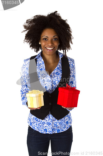 Image of African american woman with gift boxes 