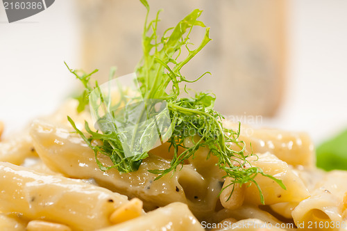 Image of Italian pasta penne gorgonzola and pine nuts