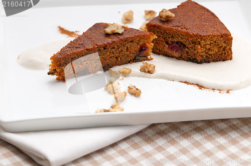 Image of fresh healthy carrots and walnuts cake dessert