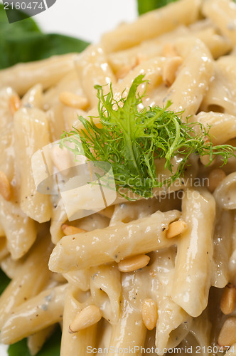 Image of Italian pasta penne gorgonzola and pine nuts