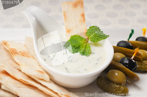 Image of Greek Tzatziki yogurt dip and pita bread