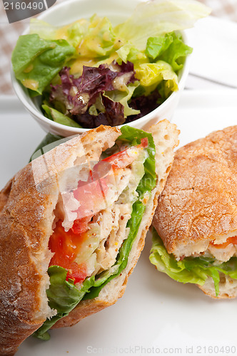 Image of ciabatta panini sandwich with chicken and tomato