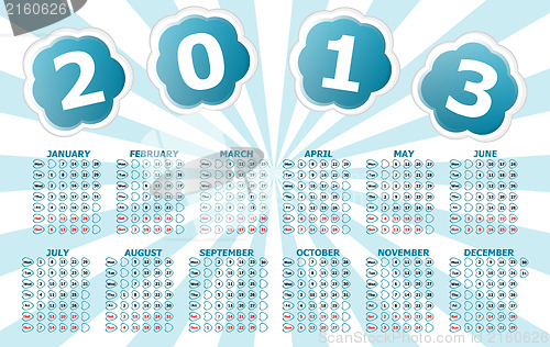 Image of Simple 2013 year calendar with blue sun rays