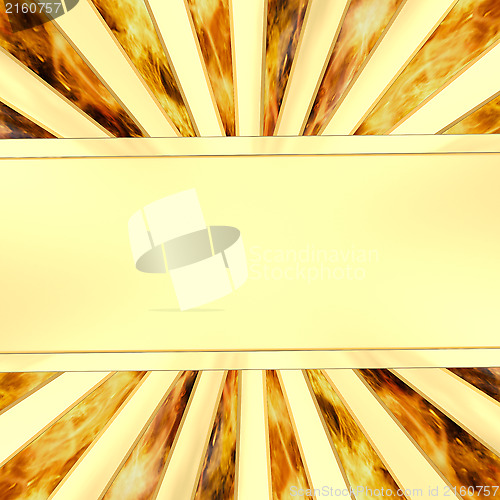 Image of Blank golden plate on rays background with flame