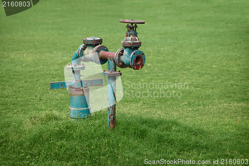 Image of Water pipe on green grass meadow