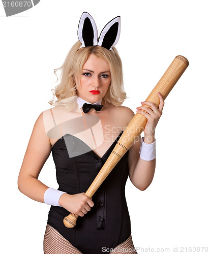 Image of Dangerous blonde woman in rabbit costume with bat 