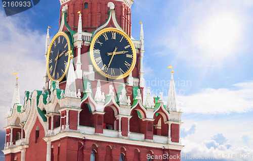 Image of Famous Spasskaya tower with kremlin chimes close up