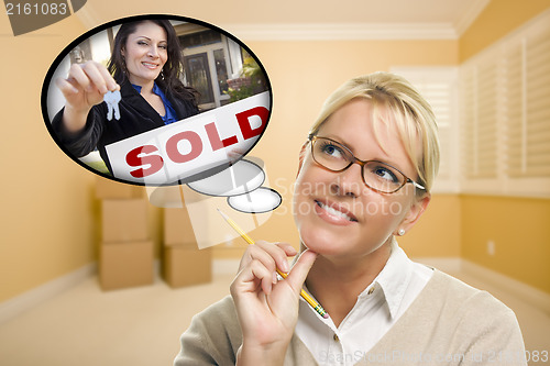 Image of Woman In Empty Room with Thought Bubble of Agent Handing Over Ne