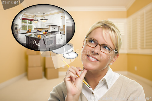 Image of Woman in Empty Room with Thought Bubble of a New Kitchen Design