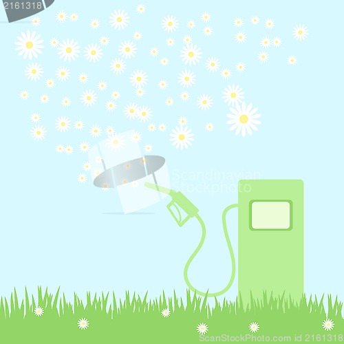 Image of green gas pump on a green field with camomiles, vector illustration