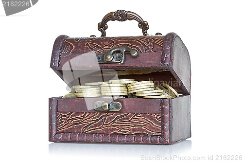 Image of Wooden chest with coins inside