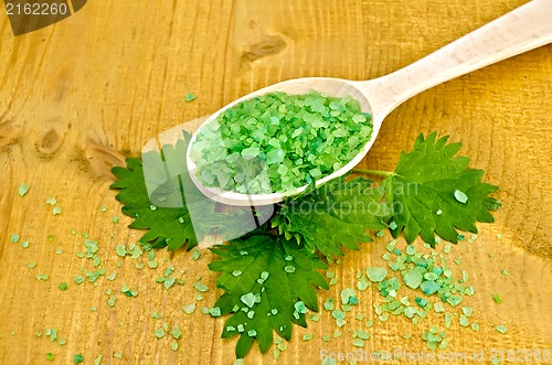 Image of Salt green in a spoon with a nettle on the board