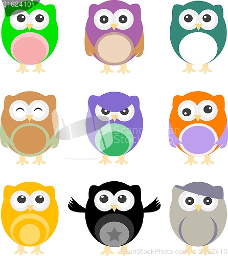 Image of illustration of colorful cartoon owls set