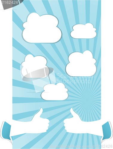 Image of A hand holding card with sun rays with abstract white clouds