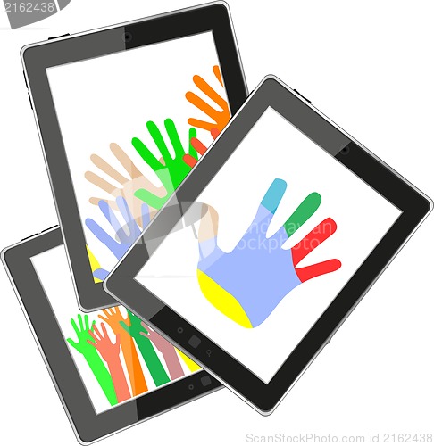 Image of touch tablet pc computer modern technology with hands