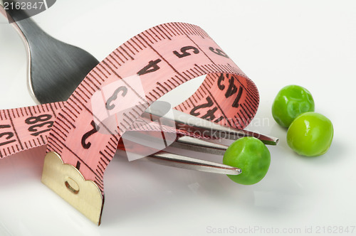 Image of Plate with peas and centimeter measure