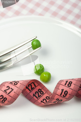 Image of Plate with peas and centimeter measure