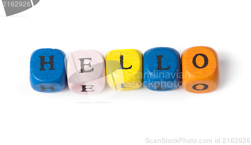 Image of Word hello on multicolored wooden cubes