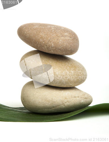 Image of Stacked stones on base of green leafs