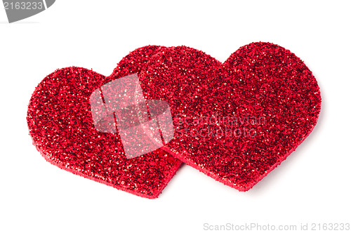 Image of Red shiny hearts on white background