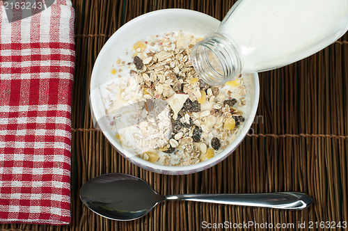 Image of Muesli breakfast in package.Bottle milk and spoon