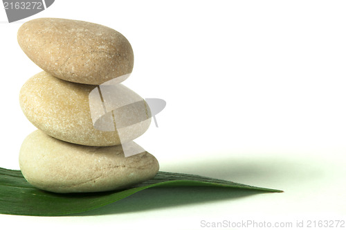 Image of Stacked stones on base of green leafs