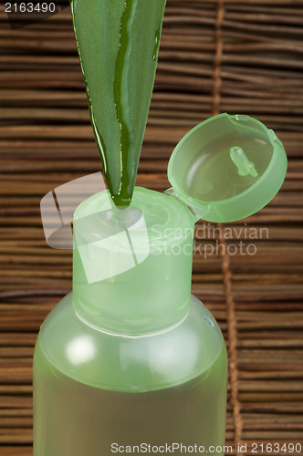 Image of Green cosmetic bottle and leaf