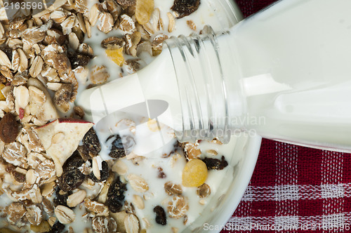 Image of Muesli breakfast in package.Bottle milk and spoon