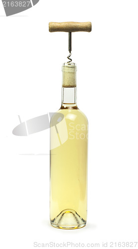 Image of A bottle of white wine and a corkscrew